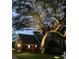 Home exterior at twilight, highlighting mature trees, landscape lighting, and a cozy residential atmosphere at 968 Cummings Cir, Mount Pleasant, SC 29464