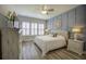 Main bedroom with blue paneled accent wall, ceiling fan, and shuttered windows at 172 Helena Park Dr, Summerville, SC 29486