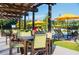 A comfortable poolside with yellow umbrellas, tables and chairs, and plenty of lounge chairs for relaxation at 172 Helena Park Dr, Summerville, SC 29486