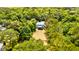 An aerial view showcasing a charming blue two-story home nestled amongst lush green trees and serene surroundings at 1976 Liberia Rd, Wadmalaw Island, SC 29487