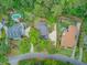An aerial view shows homes nestled among lush green trees, one with a pool, near a winding road at 2076 Rookery Ln, Charleston, SC 29414