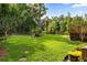 Expansive backyard with lush green grass, mature palm trees, and a wooden fence at 2132 Summerwood Dr, Mount Pleasant, SC 29466