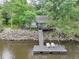 Waterfront home with a dock featuring chairs, set against a rocky shoreline and lush greenery at 263 Gator Walk, Ridgeville, SC 29472