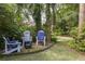 Seating area featuring blue and white outdoor chairs situated in lush backyard, creating a relaxing outdoor oasis at 34 Formosa Dr, Charleston, SC 29407