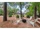 Private backyard featuring a brick fire pit area, surrounded by lush greenery and mature trees at 3601 Colonel Vanderhorst Cir, Mount Pleasant, SC 29466