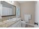 Bathroom with beige walls, granite countertop, and toilet, plus a shower behind a curtain at 3601 Colonel Vanderhorst Cir, Mount Pleasant, SC 29466
