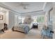 Bedroom with carpet, blue walls, queen bed with blue and white patterned bedding, and window at 3601 Colonel Vanderhorst Cir, Mount Pleasant, SC 29466