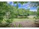 A serene backyard view features lush trees framing a calm pond with verdant grass and natural landscaping at 5406 Woodbreeze Dr, North Charleston, SC 29420