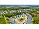 Aerial view of a neighborhood with beautifully landscaped yards, mature trees, and a pond at 104 Antilles Cir, Charleston, SC 29492