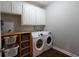 Laundry room with white cabinets, wooden shelving, and modern Samsung washer and dryer at 111 Coltsgate Ct, Summerville, SC 29485