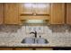 Close up of the kitchen sink and granite countertops with a decorative tile backsplash at 111 Macfarren Ln, Summerville, SC 29485