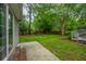 View of patio and spacious backyard with lush lawn and a wooden fence at 113 Essex Dr, Summerville, SC 29485