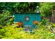 Backyard garden area with teal accent wall, interesting statues and seating under decorative lighting at 1158 Shoreside Way, Mount Pleasant, SC 29464