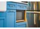 Close-up showcases the blue kitchen island cabinetry and microwave at 1158 Shoreside Way, Mount Pleasant, SC 29464
