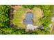 An aerial view displays a well-maintained backyard with a firepit, surrounded by a fence and an abundance of vibrant green trees at 1375 Tannanger Trl, Awendaw, SC 29429