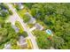 An aerial view showing home in a neighborhood with lush trees, well manicured lawns, and a community swimming pool at 143 Belleplaine Dr, Goose Creek, SC 29445