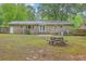 View of brick home's backyard with a wooden picnic table and fully fenced yard at 206 Jimbo Rd, Summerville, SC 29485