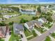 Wide aerial shot showcasing homes near a tranquil lake and a community pool surrounded by lush greenery and mature trees at 246 Calm Water Way, Summerville, SC 29486