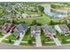 Wide aerial shot showcasing homes near a tranquil lake and a community pool with well-manicured lawns and mature trees at 246 Calm Water Way, Summerville, SC 29486