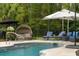 Inviting backyard pool area featuring stylish lounge furniture, umbrellas, and a private setting at 3113 Edenvale Rd, Johns Island, SC 29455