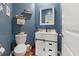 Charming half bathroom with blue walls, decorative shelving, and modern fixtures for added appeal at 320 Blue Shadows Ct, Summerville, SC 29486