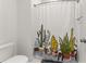 Close-up of a toilet and shower curtain in a clean, modern bathroom with fun patterns at 716 Triangle Ln, Summerville, SC 29486