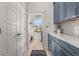 Hallway with counter space, blue cabinets and doors leading to a beautiful view at 716 Triangle Ln, Summerville, SC 29486