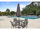 Inviting poolside setup with comfortable seating and umbrella, perfect for leisurely afternoons at 8402 Loggers Run, North Charleston, SC 29420
