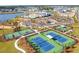 Aerial view of neighborhood amenities featuring tennis courts, basketball courts, a pool, lake access, and streetscapes of the community at 104 Snow St, Summerville, SC 29486
