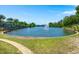 Scenic view of a pond with a fountain, lush greenery, and a clear blue sky at 120 Loon Dr, Summerville, SC 29483
