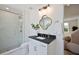 Bright bathroom features marble tile shower, modern vanity, and gold-tone accents at 477 Yellow House Pl, Charleston, SC 29492