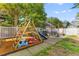 Backyard featuring a wooden playground, seating area, and partial white fence at 104 Hyacinth St, Summerville, SC 29483