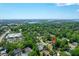 Aerial view of a quiet neighborhood with lush greenery and a waterfront view with a bridge in the background at 1416 Glencoe Dr, Mount Pleasant, SC 29464