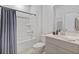 Modern bathroom with a shower and tub combo, white vanity, and blue shower curtain at 148 Haverhill St, Summerville, SC 29486