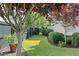 Landscaped side yard with lush green grass, mature trees, and dark wooden fence at 1527 Wando View St, Charleston, SC 29492