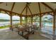 Community pavilion with picnic tables and lake views near the swimming pool at 1545 Calaveras Cir, Mount Pleasant, SC 29466