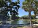 Scenic pond with central fountain surrounded by mature trees and a palm tree at 2200 Hamlin Sound Cir, Mount Pleasant, SC 29466