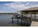 Boat on a lift at the dock offers convenience for water activities at 4855 Retriever Rd, Wadmalaw Island, SC 29487