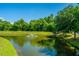 Scenic pond view with a charming fountain, surrounded by lush greenery and landscaping at 149 Darcy Ave, Goose Creek, SC 29445