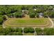 Aerial shot of a horse track with a lush green field, and a home with a private pool nestled in a forest at 1510 Old Rosebud Trl, Awendaw, SC 29429