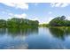 Scenic view across a serene lake, adorned with a fountain, lush greenery, and a canopy of clear blue sky with scattered clouds at 1510 Old Rosebud Trl, Awendaw, SC 29429