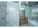 Bathroom featuring a glass-enclosed shower, granite countertops, wood cabinets, and a soaking tub at 1512 Eagle Landing Blvd, Hanahan, SC 29410