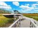 Wooden dock featuring a modern boat lift, bench seating, and scenic waterfront views at 2128 Breezy Point Dr, Mount Pleasant, SC 29466