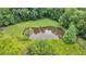 Aerial view of pond surrounded by lush greenery, creating a serene and private setting at 516 Hope Plantation Ln, Jacksonboro, SC 29452