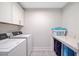 Well-lit laundry room with white cabinets, front loading machines and decorative floors at 596 Dunswell Dr, Summerville, SC 29486