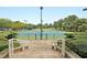 Community tennis courts with a well-maintained playing surface, surrounded by lush landscaping and fencing for privacy at 8662 W Fairway Woods Dr, North Charleston, SC 29420