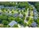 An aerial shot of a suburban community showcasing neat homes and lush greenery lining the streets at 2184 Tall Grass Cir, Mount Pleasant, SC 29466