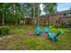 Picturesque backyard featuring blue Adirondack chairs, mature trees, and a house, offering a peaceful retreat at 306 Crestview Dr # C, Summerville, SC 29485