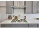 Close-up of a modern kitchen gas range with stainless steel hood and gray cabinets at 318 Ripple Park Dr, Summerville, SC 29486