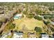 An aerial view of community pool, tennis courts, a large field, a pond, and the surrounding neighborhood homes at 102 Ashborough Ave, Summerville, SC 29485